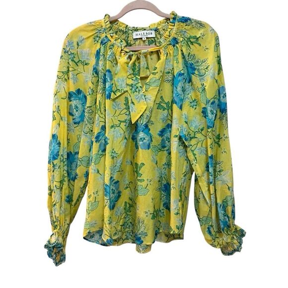 Hale Bob Women’s Size Small Yellow Blue Floral Tie Neck Blouse Long Sleeve Top - Picture 1 of 6